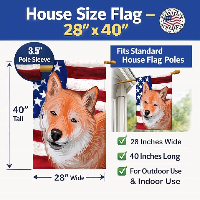 Caroline's Treasures CK6704CHF Shiba Inu Dog American Flag House Flag Large Porch Sleeve Pole Decorative Outside Yard Banner Artwork Wall Hanging, Polyester, House Size, Multicolor