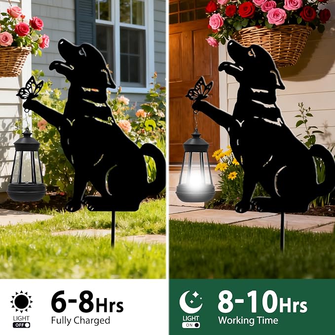 Black Dog Patio Decorations Outdoor - Solar Lights Outdoor Garden Decor Stake with Butterfly Decorative Metal Housewarming Ornament for Yard Pathway Lawn Patio – Unique Gift Ideas for Christmas