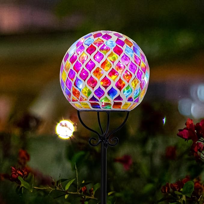 VCUTEKA Decorative Solar Garden Lights, 6" Mosaic Globe Outdoor Stake | Mosaic Glass Design with Solar Light, Weather Resistant, Auto On/Off and Metal Stake Design For Lawn and Patio, Red