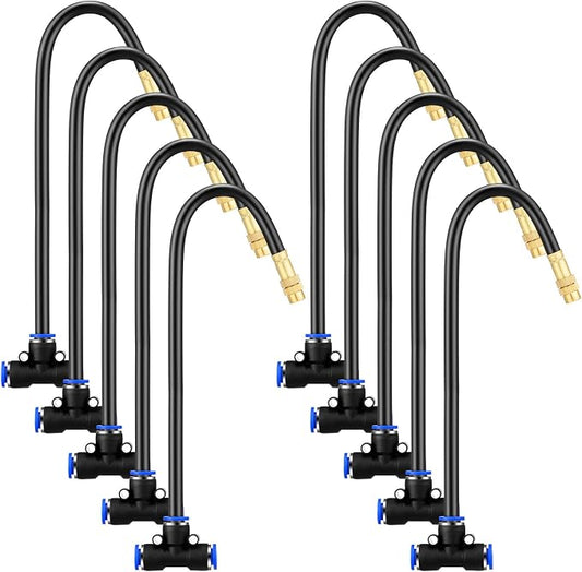 Zonon 10 Pcs Brass Misting Nozzles Tee with 16" Built in Hose for 0.32"/8 mm Tubing 360 Degree Rotation Adjustable Water Mister Nozzle Thread Sprayer Misting Part Accessories for Patio Outdoor Cooling