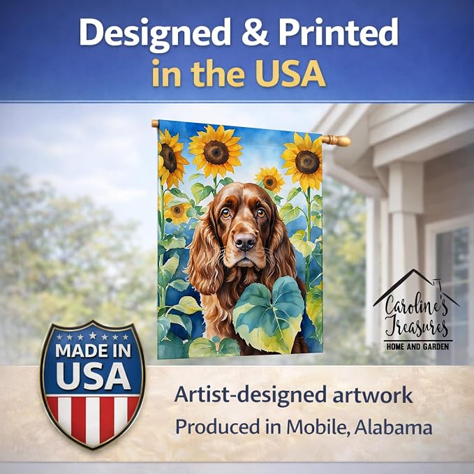 Caroline's Treasures DAC6073CHF English Cocker Spaniel in Sunflowers House Flag Large Porch Sleeve Pole Decorative Outside Yard Banner Artwork Wall Hanging, Polyester, House Size, Multicolor