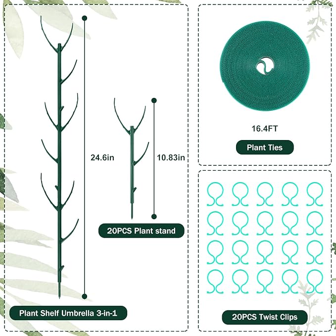 20Pack Monstera Plant Support Stakes, Stackable Plant Support Stakes in Bulk, with 20 Twist Clips & 16.4FT Plant Ties, Plant Stakes for Outdoor Indoor Potted Plants Reusable Climbing Plant Support