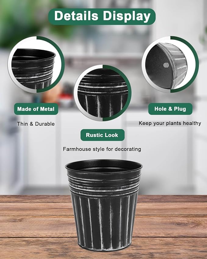 vensovo 6 Inch Black Metal Rustic Flower Pots - 6Pcs Galvanized Planters with Drainage Hole and Rubber Plug, Rustproof Metal Bucket Plant Pots Farmhouse Vintage Style for Decor