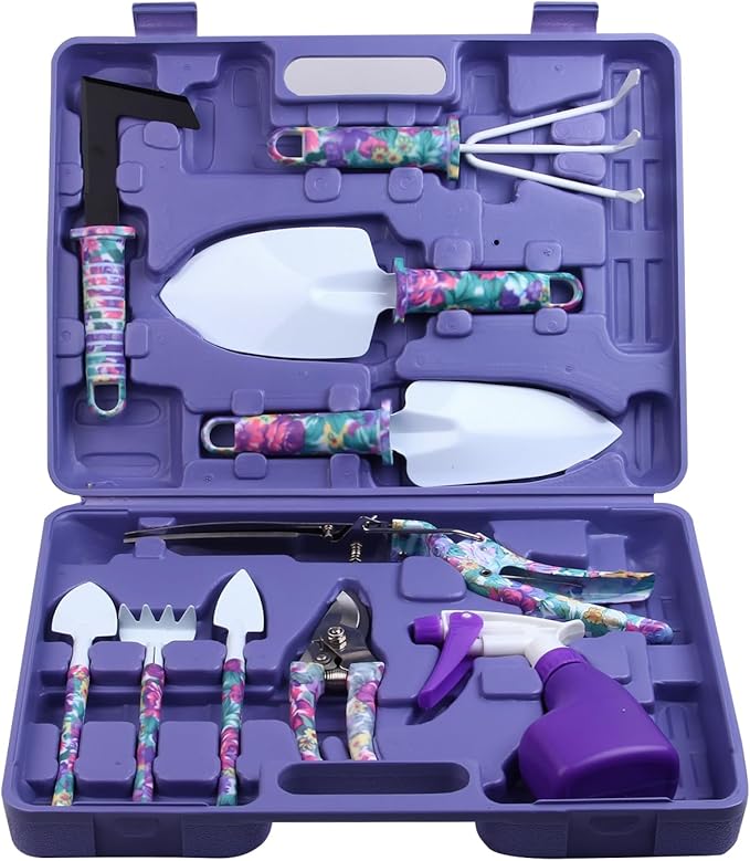 Garden Tools Set, JUMPHIGH 10 Pieces Gardening Tools with Floral Print, Ergonomic Handle Trowel Rake Weeder Pruner Shears Sprayer, Garden Hand Tools with Carrying Case Gardening Gifts for Women Father