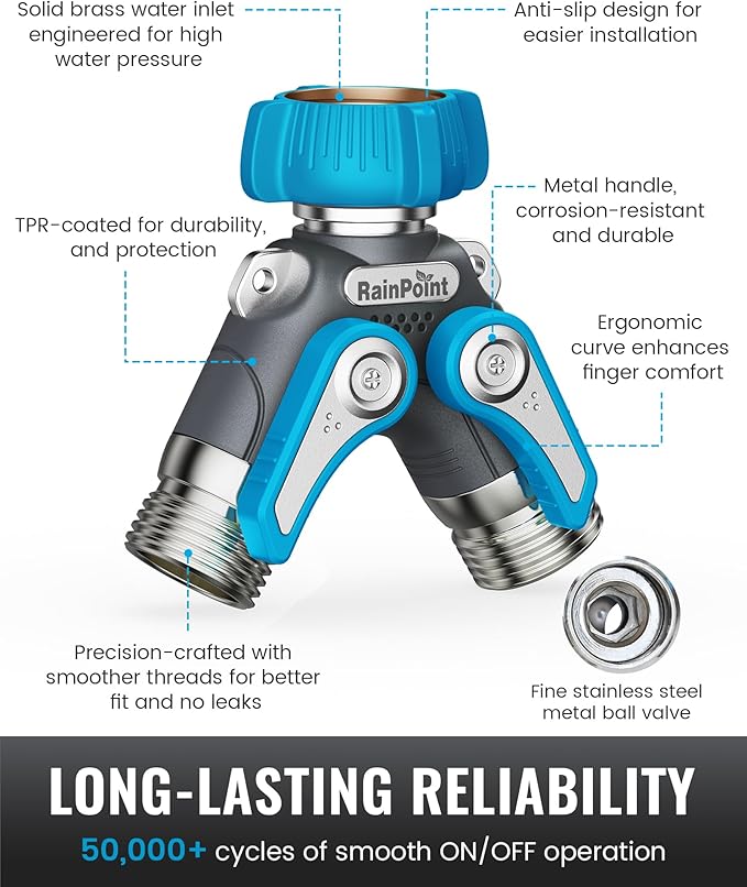 RAINPOINT Garden Hose Splitter 2 Way Heavy Duty,Water Hose Y Spigot Splitter with Shutoff Valves, 100% Metal Body Outdoor Spigot Splitter, 1.9" Extra Long Metal Handle, 3/4" GHT Thread(Blue)