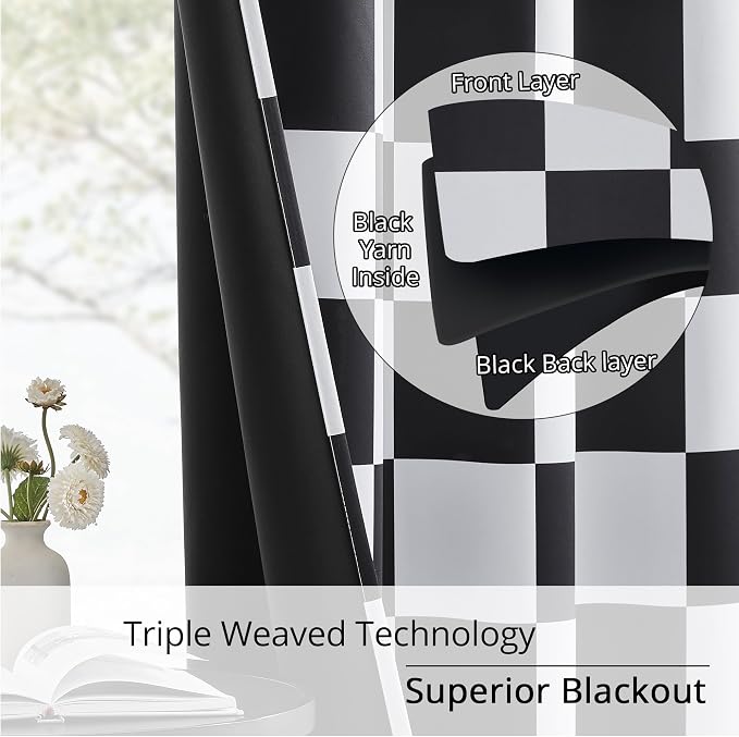 Black and White Checkered 100% Blackout Sliding Door Curtains, Thermal Insulated Noise Reducing Room Divider Curtain for Patio Door, Wide Drapes, 1 Panel, W100×L84