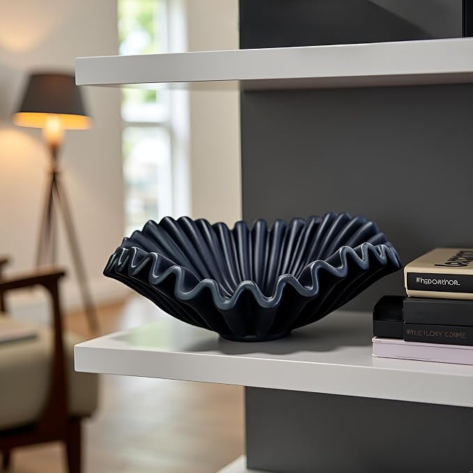 Large Decorative Handmade Bowl Decor, Modern Home Decoration, Fan Shaped Bowl, Ruffle Decor, Stylish Key Bowl for Entry Table, Decorative Fruit Bowl for Kitchen Counter, Black