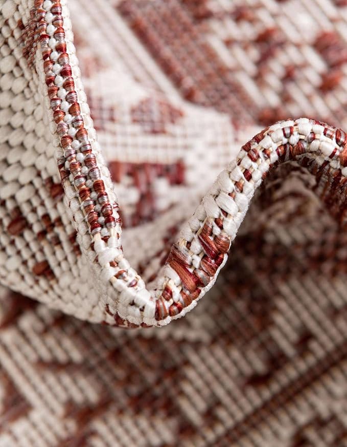 Unique Loom Outdoor Aztec Collection Area Rug - Chalca (5' 3" x 8' Oval, Rust Red/ Ivory)