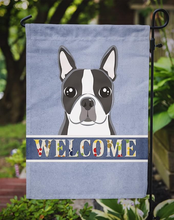Caroline's Treasures BB1389GF Boston Terrier Welcome Garden Flag, Blue Mailbox Flag Decorative Yard Flag Banner Outside Patio Artwork Yard Flower Beds, Garden Size, Multicolor