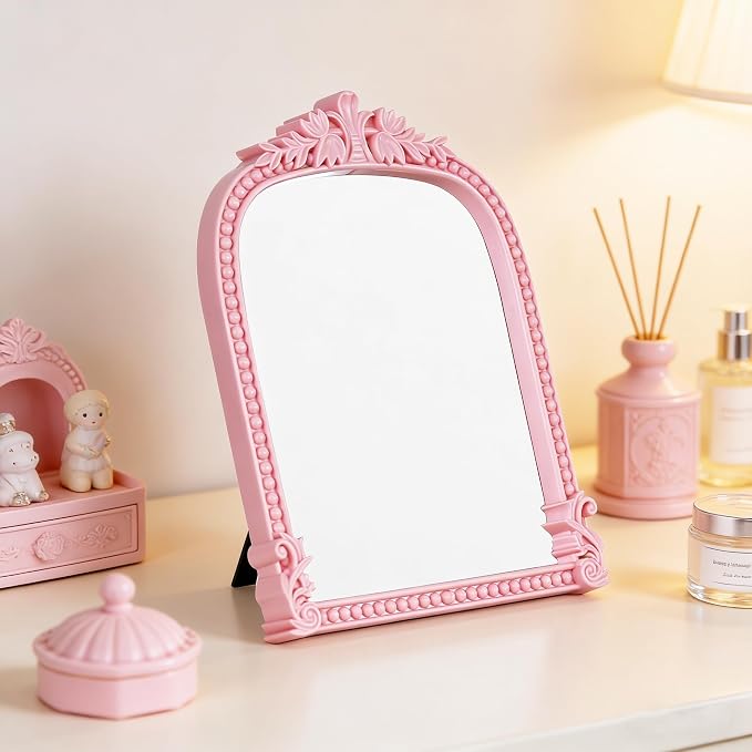 Pink Plastic Arched Makeup Mirror, Standing, Hanging or Wall Mount, Bathroom, Living Room, Bedroom White and Decorative Mirror (Pink-10.6 x 8.6 inch)