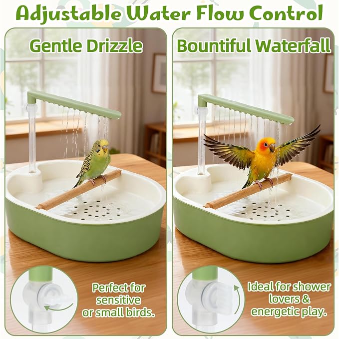 Automatic Parakeet Bird Bath Shower, Quiet Circulating Parrot Bathtub | Adjustable water flow & quiet pump. Fits Cockatiels, Budgies, Conures, Lovebirds, Quakers, Parrotlets & small medium birds