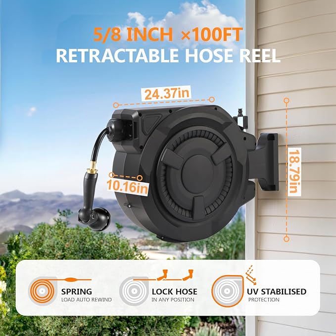 wikiwiki Retractable Garden Hose Reel 5/8 in x 100 ft, Heavy Duty Wall Mounted Hose Reel with 10- Function Sprayer Nozzle, Automatic Slow Return System/180°Swivel Bracket/UV Resistant