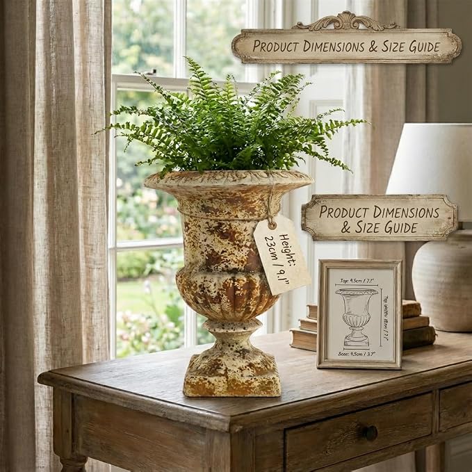 Small 9.1'' H Vintage Urn Planter, Distressed Retro Tabletop Flower Pot with Drainage Hole, Lightweight Decorative Pedestal Planter for Indoor Plants, Office Desk, Shelf, Patio Table Decor