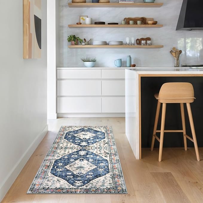 Lahome Felice Boho Tribal Runner Rug - 2x5 Blue Soft Bathroom Rug Runner Laundry Room Mat, Medallion Soft Non Slip Machine Washable Entryway Carpet Runners for Kitchen Sink Bedside Front Door Hallway