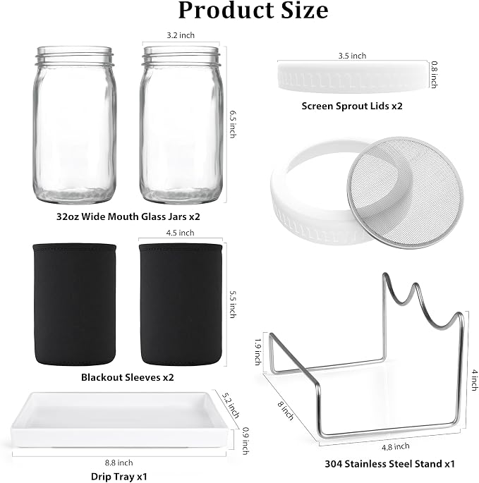 Organic Seed Sprouting Jar Kit – 2 × 32 oz Wide-Mouth Mason Jars with Stainless-Steel Sprouter Lids & Stand, Blackout Sleeves, Drain Tray – Grow Broccoli, Alfalfa & Bean Microgreens