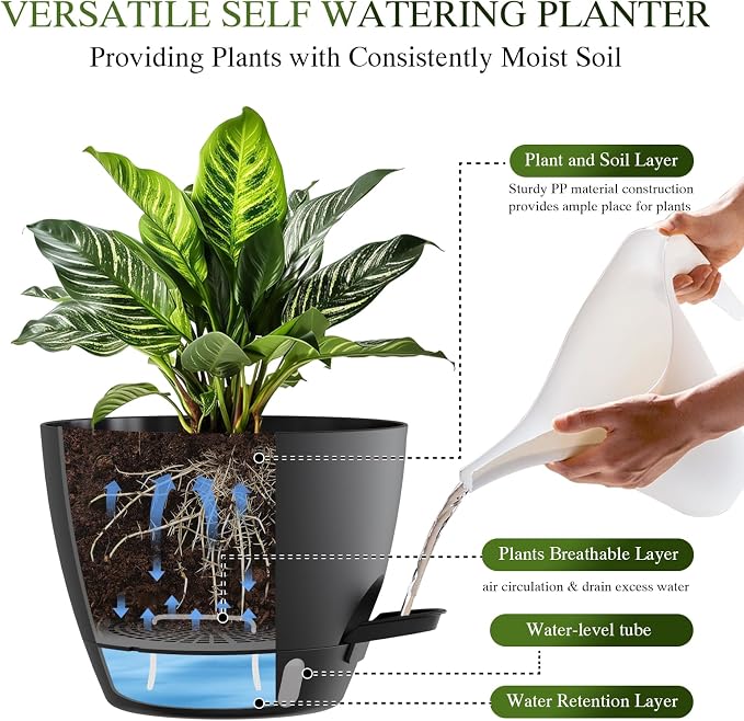 Plant Pots, 4 Pack 12/10/9/8 Inch Self Watering Pots with Drainage Holes, Water Level Indicator Deep Reservoir, Large Planters for Indoor Outdoor Plants - Black