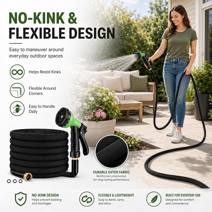 100FT Non-Expandable Garden Hose, Lightweight Flat Water Hose with 10-Function Spray Nozzle, 3/4" Metal Fittings, Kink-Resistant Easy Storage for Patio, Garden, RV, Small Yard, Car Wash, Black