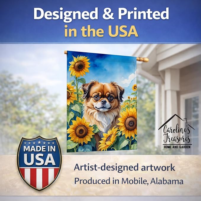 Caroline's Treasures DAC6167CHF Tibetan Spaniel in Sunflowers House Flag Large Porch Sleeve Pole Decorative Outside Yard Banner Artwork Wall Hanging, Polyester, House Size, Multicolor