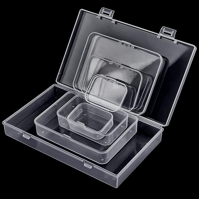 24 Pack Mixed Sizes Rectangular Mini Plastic Containers Clear Plastic Storage Boxes with Hinged Lids and Labels Empty Beads Organizers for Small Items Art Craft Jewelry Projects