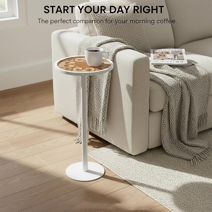 White Drink Table with Amber Tempered Glass Top, Indoor Outdoor Small Round Side Table, 24.7" Metal Pedestal End Table for Living Room, Patio, Sunroom, Boho Mid-Century Modern Decor, Cream
