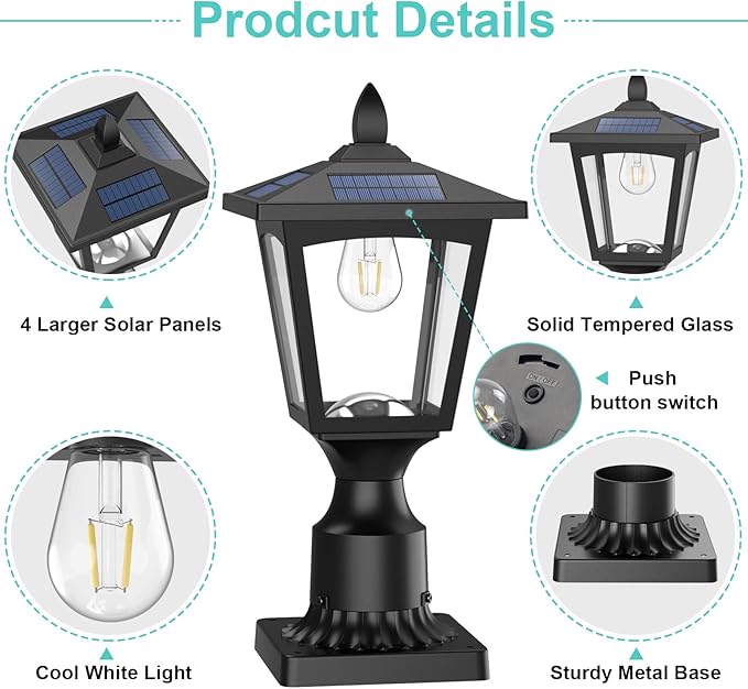 Solar Post Lights, 6000K Dusk to Dawn Solar Lamp Post Light with Pier Mount Base, Solar Post Lights Outdoor Waterproof for Garden Yard Landscape Pole Pillar, Outside Decorative Lamp(Cool White)