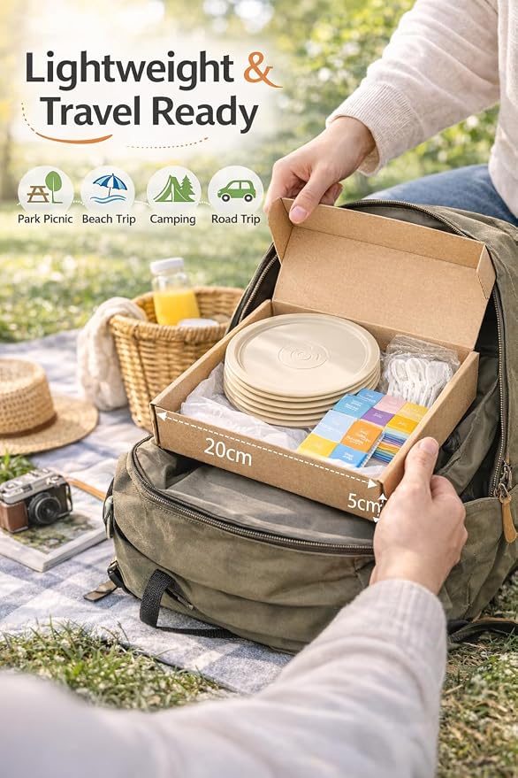 Disposable Picnic Kit for 5 – Lightweight Outdoor Dinnerware Set with Plates, Plastic Cutlery, Wet Wipes & Drawstring Table Cover, Portable Picnic Supplies for Park, Beach & Camping (5)