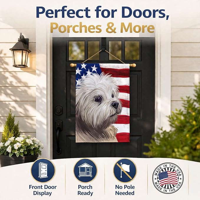 Caroline's Treasures CK6608CHF Lowchen American Flag House Flag Large Porch Sleeve Pole Decorative Outside Yard Banner Artwork Wall Hanging, Polyester, House Size, Multicolor