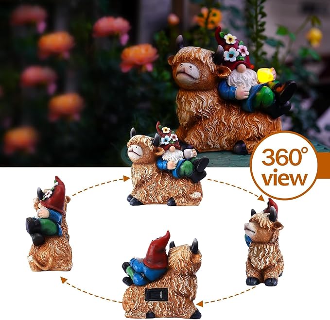 Pohabery Garden Gnomes Decor Outdoor Statues Gnome on Highland Cow Hold Solar Cup Light Outdoor Decorations for Patio,Yard and Gift for Mom（L