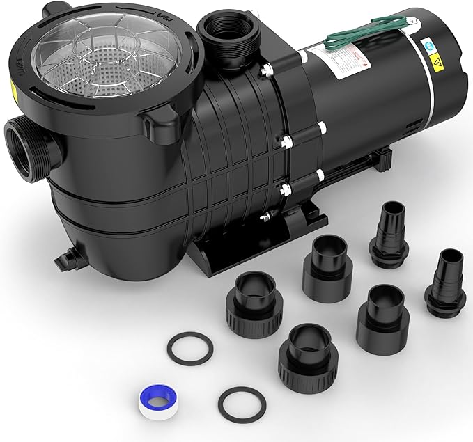 Seeutek 2HP Pool Pump for Above/In Ground Pools, 115V/230V 6840GPH | High Flow Energy Efficient Pure Copper Motor, 1.5", 2", and 1.25"-1.5" Connectors, Strainer Basket & Drain Plug, Self Priming