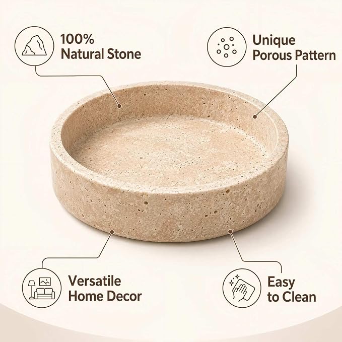 Natural Travertine Decorative Bowl 8",Fruit Bowl for Kitchen Counter & Natural Stone Centerpiece for Coffee Table Decor, For Kitchen Fruit Bowl, Key Holder for Entryway, Dining Table Centerpiece.
