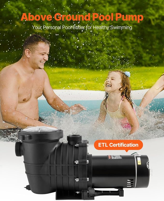 VEVOR Above Ground Pool Pump, 1HP, 80 GPM Max. Flow Single Speed Swimming Pool Pump, 110V/240V 3450RPM 34.4ft Max. Head Pool Pump with Filter Basket for Above Ground Pools, Hot Tubs, or Spas