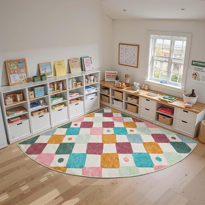 jinchan Corner Rug Washable Kids Rug Colorful Nursery Play Mat Confetti | 7ft Radius, Soft, Non-Slip, Cute, Kid-Friendly, Checkered Diamond, Quarter Circle, Reading Nook, Classroom, Playroom, Daycare