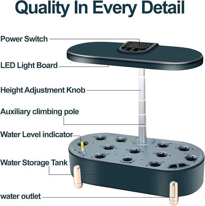 Hydroponics Growing System Indoor Garden:12 Pods Plant Kit Aeroponic Herb Vegetable Growth Lamp Countertop with LED Grow Light, Adjustable Height Up to 20.47inch (Blackish Green, One-Size)