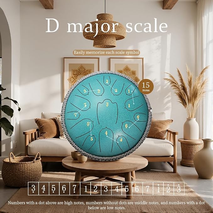 Rain Drum for Outside, 12 Inch 15 Notes Steel Tongue Drum, D Major Percussion Instrument with Soft Bag, Mallets & Music Book, Zen Garden Decor for Meditation, Yoga & Sound Healing (Green)