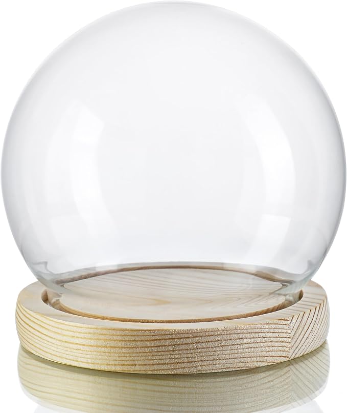 ZEERSHEE Glass Display Dome Cloche with Wooden Base, 4.7" Round Bell Jar | Clear Glass Cover with Secure Wood Base, Perfect for Plants, Collectibles, Desserts & Home Displays