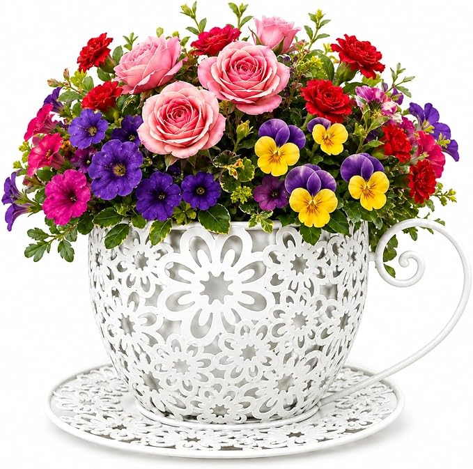 12 Inch Antique Metal Teacup Planter for Outdoor Plants Teapot Planter Floral Hollow Out Decorative Rustic Iron Flower Pot for Summer Garden Patio Home Decor (Cream White)