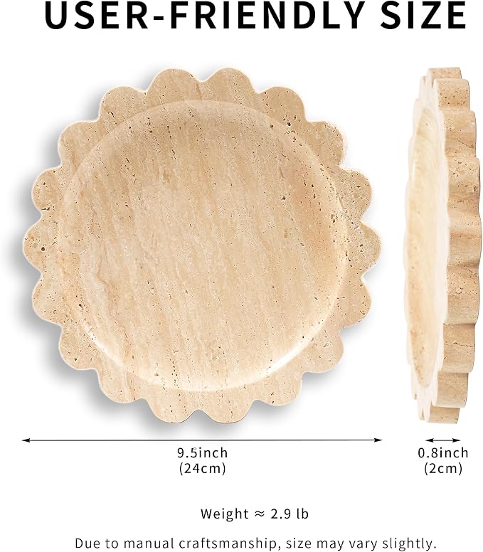 Travertine Scalloped Marble Tray - 9.9 Inch Round Stone Decorative Perfume Trinket Jewelry Dish, Catchall Organizer for Bathroom Vanity Dresser Kitchen Countertop Home Decor