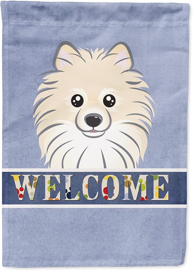 Caroline's Treasures BB1393GF Pomeranian Welcome Garden Flag, Blue Mailbox Flag Decorative Yard Flag Banner Outside Patio Artwork Yard Flower Beds, Garden Size, Multicolor
