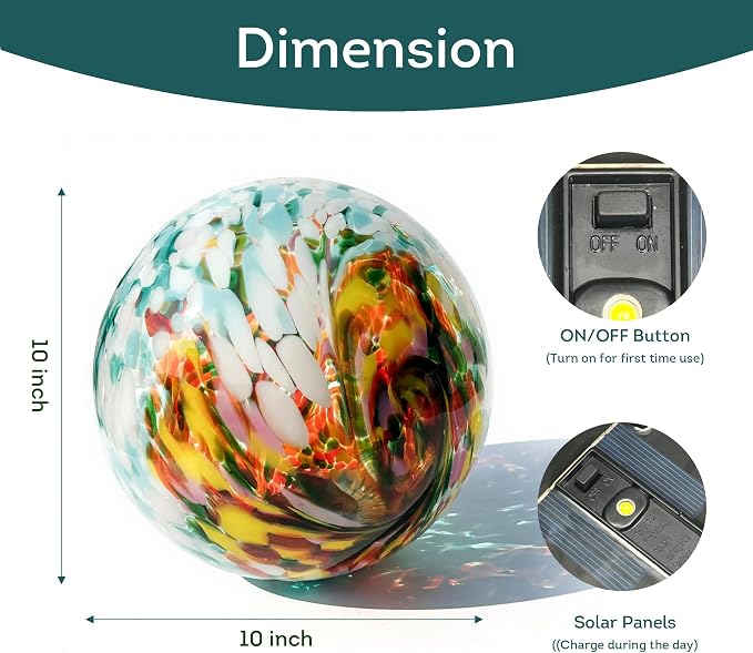 Lily's Home Gazing Ball - 10" Glass Globe with Solar Powered Lights - Outdoor Solar Lights for Yard & Patio - Garden Decor - Automatic On/Off Photosensitive Switch - Turquoise