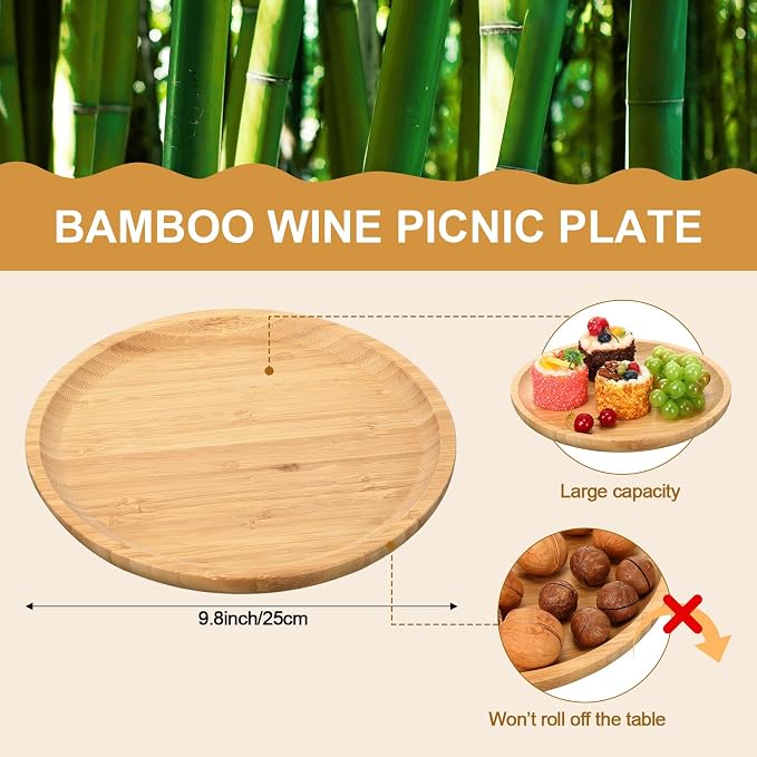 Willinglong Picnic Foldable Wine Table with Bamboo Plate Kit, Handmade Handle Portable Bamboo Tray Table with Food Plate for 2 Outdoor Camping Picnic Wine Set Gift for Couples