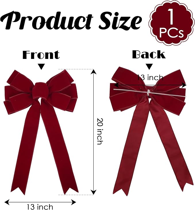 13" Red Bow Pre-Tied Bow for Christmas Tree, Red Velvet Ribbon Bow for Wreaths, Tree Toppers Bow, Premade Bow, Gift Bow for Party Favor, Christmas Home Indoor Outdoor Decor-1 Counts