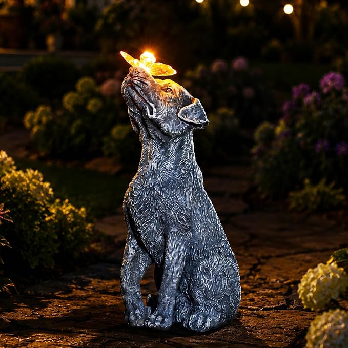 Garden Statue Dog Figurine Decor with Solar Butterfly Outdoor Decoration | Ideal Gifts for Mom Dad or Birthdays,Memorial Yard Lawn Home Decor for Outside