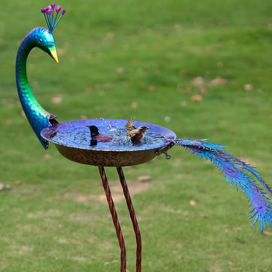 HLQMFHT 12.8" W*38.2" H Peacock Bird Baths for Outdoor, Metal Bird Feeder Seed Trayr,Bird Bath Drinker Plate, Garden Lawn Yard Decor(Multicolor)