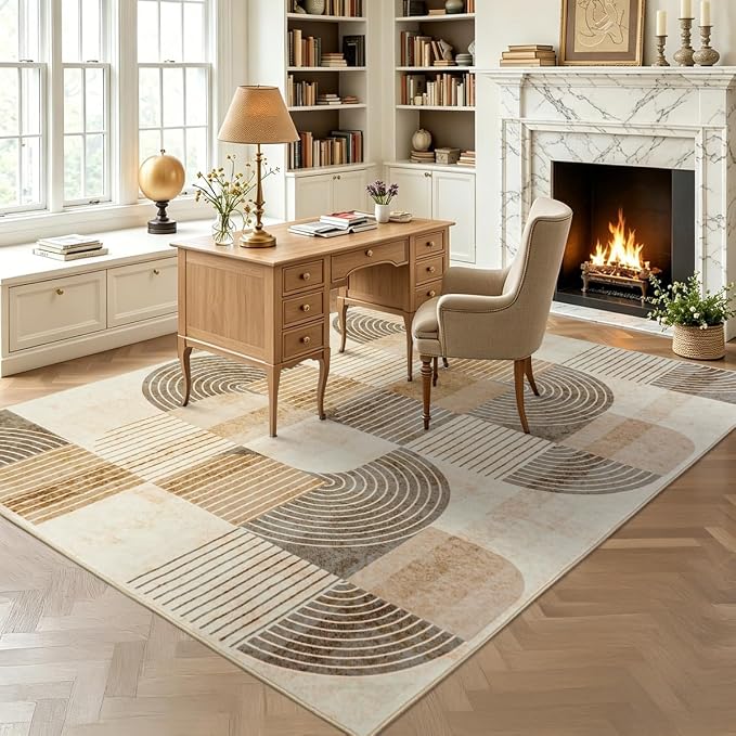 9'x12' Area Rug for Living Room, Washable Modern Abstract Soft Carpet | Low Pile, Indoor Floor Non Slip Stain Resistant Large Carpet for Bedroom Dining Room Farmhouse Nursery Home Office, Beige