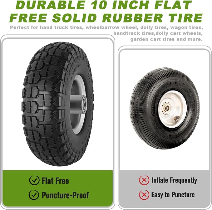4 Pcs 4.10/3.50-4" Tire and Wheel Flat Free, 10 Inch Solid Rubber Tires with 5/8" Axle Bore Hole, 2.2" Offset Hub for Hand Truck, Wheelbarrow, Gorilla Cart, Garden Wagon Cart, Dolly, Utility Cart