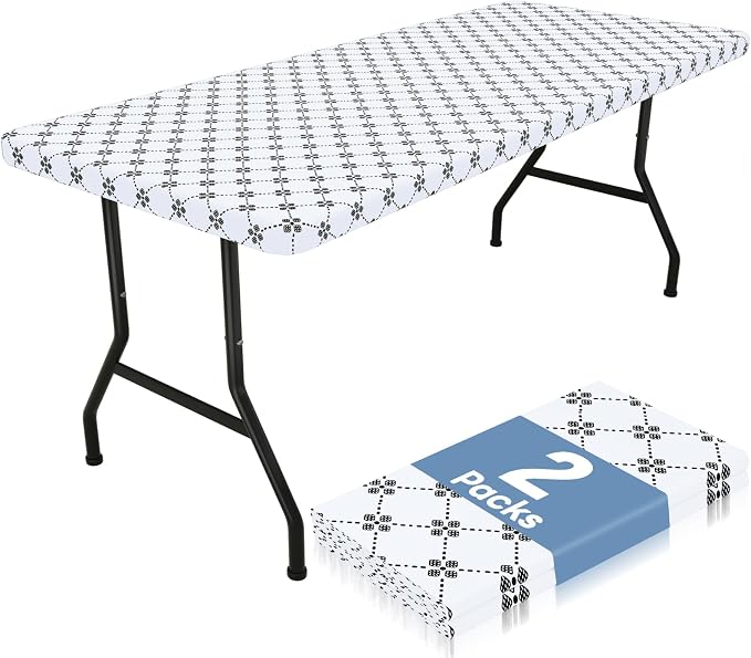 misaya 2 Pack Rectangle Vinyl Table Cloth, Elastic Fitted Tablecloth with Flannel Backing, Waterproof Plastic Table Cover Fits 8 Foot Folding Tables for Picnic, Camping and Outdoor (White, 30" x 96")