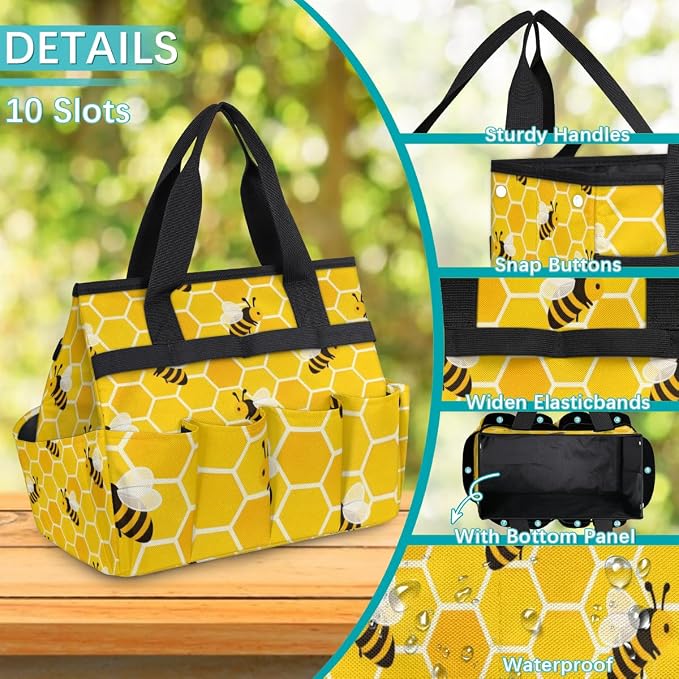Garden Tote Bag with Pockets Honey Bees Gardening Bags for Tools Organizer Heavy Duty Storage Bag with Handle for Lawn Yard Casual