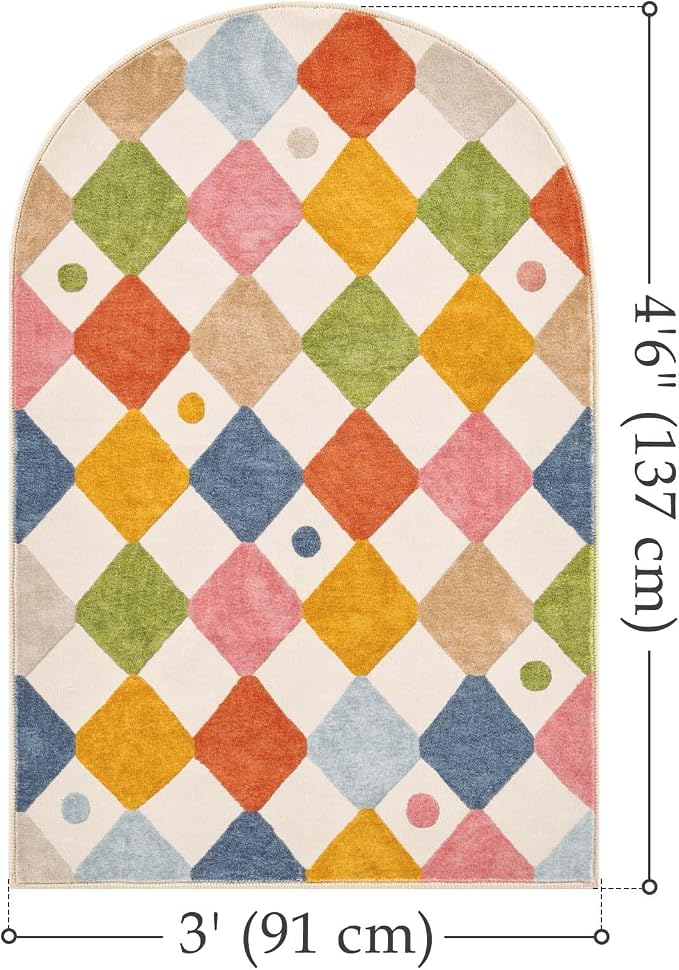 jinchan 3x5 Washable Kids Rug Colorful Nursery Study Corner Arch Chair Mat | Soft, Non-Slip, Cute, Whimsical, Kid-Friendly, Dirt Trapping, Checkered Diamond, Cream Background, Doormat, Bedroom, Dorm