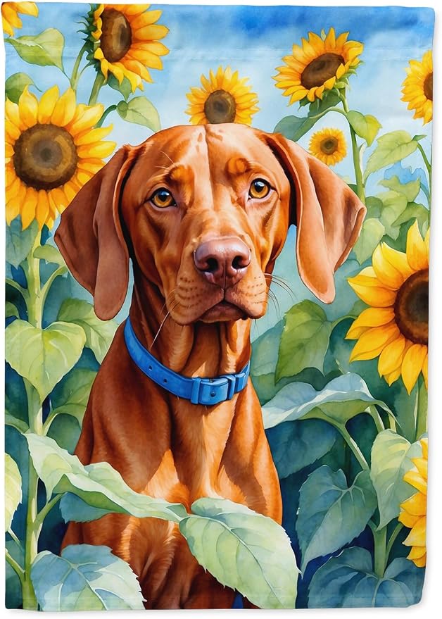 Caroline's Treasures DAC6169CHF Vizsla in Sunflowers House Flag Large Porch Sleeve Pole Decorative Outside Yard Banner Artwork Wall Hanging, Polyester, House Size, Multicolor