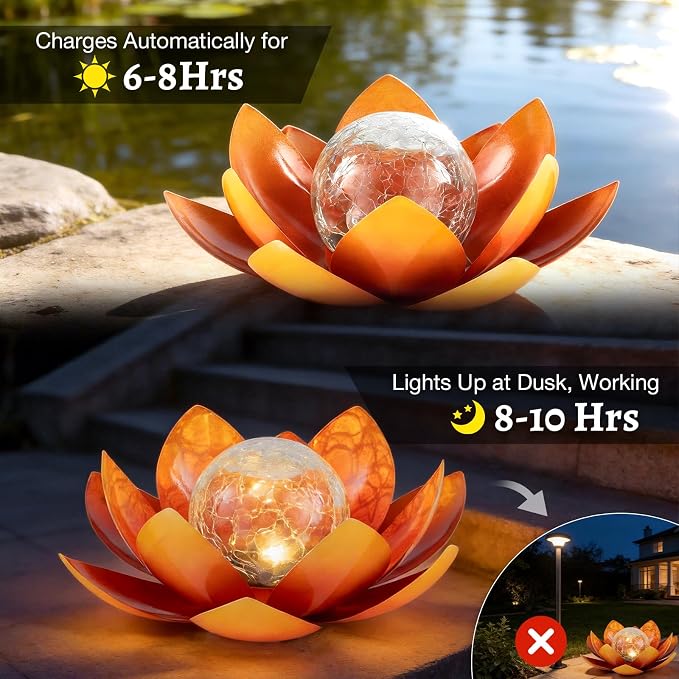 Huaxu Solar Lights Outdoor Garden Decoration Crackle Globe Glass Waterproof LED Metal Orange Lotus Flowers Gift for Mom,Women,Patio,Lawn,Walkway,Tabletop,Ground